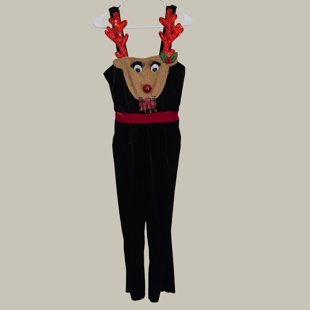 Womens Ugly Christmas Jumpsuit Size Small Black Reindeer Velvet Sequin